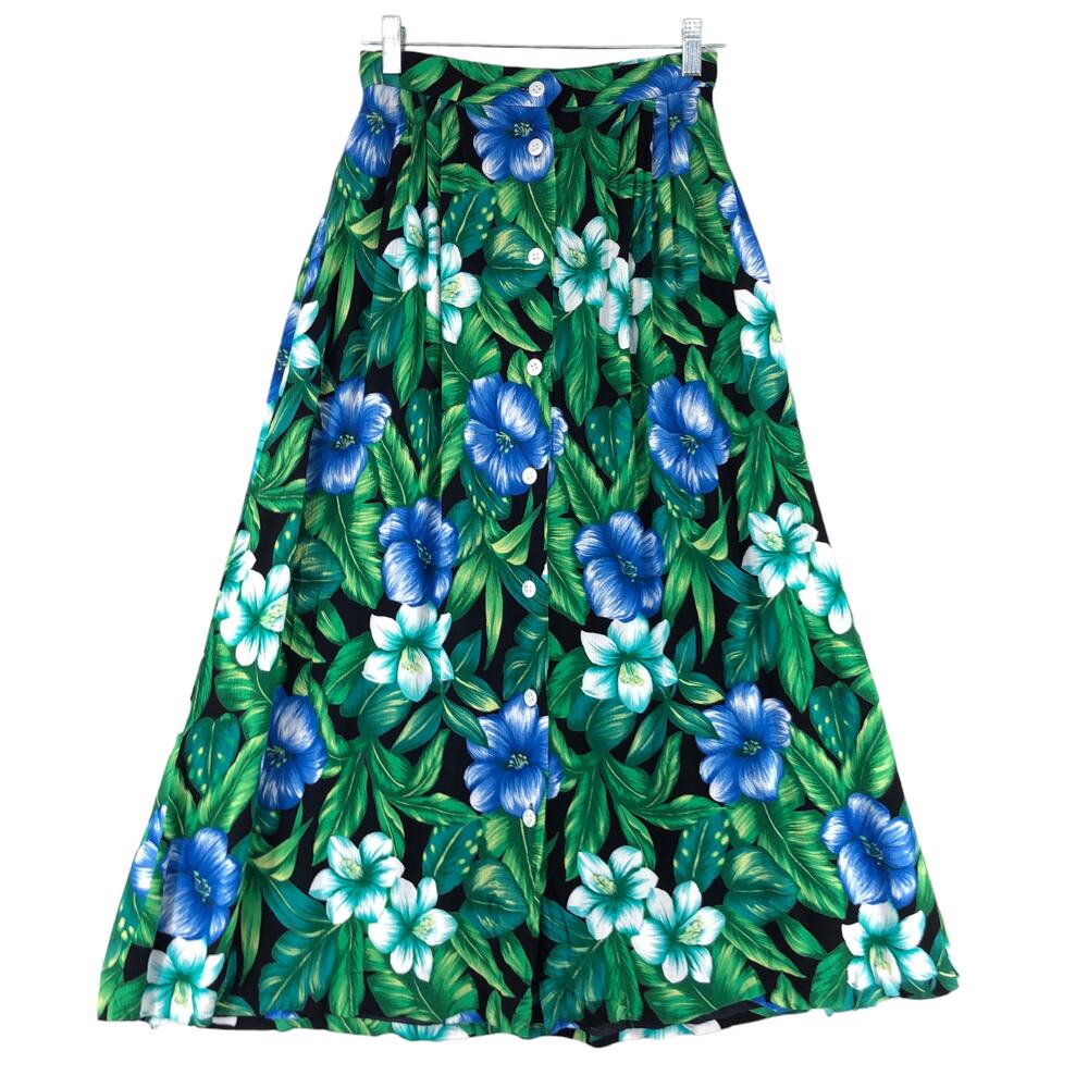 Vintage Women Sz 4 Hawaiian Print Maxi Skirt Button Front Floral JH Collectibles